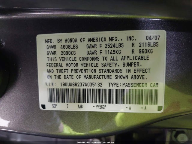 44835223 :رقم المزاد ، 19UUA66237A035132 vin ، 2007 Acura Tl 3.2 مزاد بيع