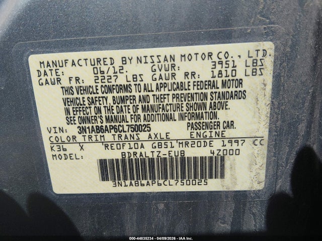 2012 Nissan Sentra 2.0 S მანქანა იყიდება აუქციონზე, vin: 3N1AB6AP6CL750025, აუქციონის ნომერი: 44835234
