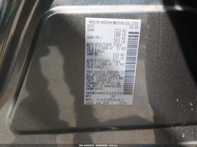 Aukcja sprzedaży 2018 Nissan Pathfinder Sl, vin: 5N1DR2MN0JC654520, numer aukcji: 44835238