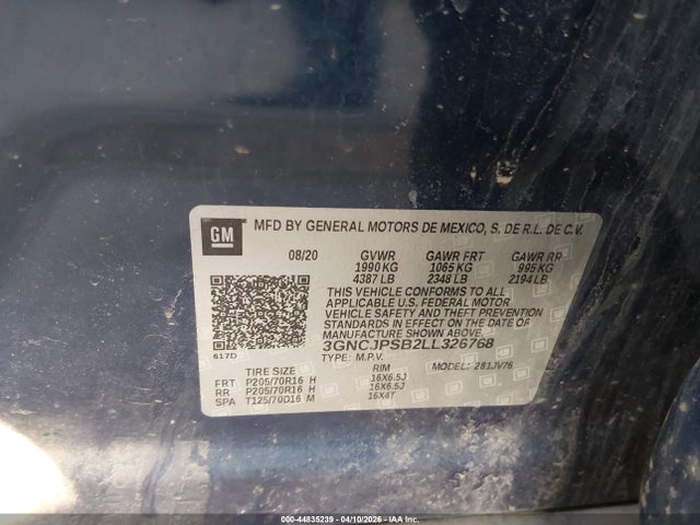 2020 Chevrolet Trax Awd Lt მანქანა იყიდება აუქციონზე, vin: 3GNCJPSB2LL326768, აუქციონის ნომერი: 44835239