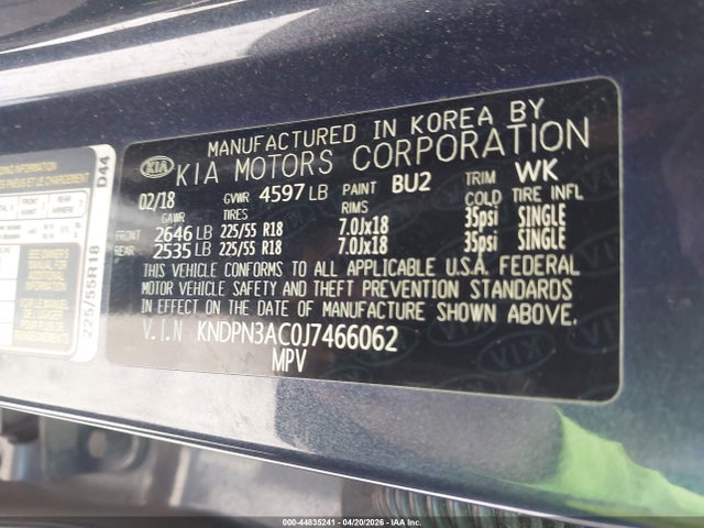 Продажа на аукционе авто 2018 Kia Sportage Ex, vin: KNDPN3AC0J7466062, номер лота: 44835241
