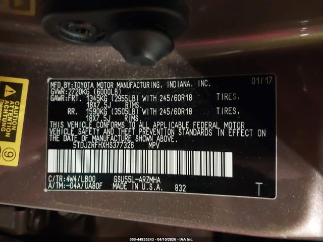5TDJZRFHXHS377326 Toyota Highlander Xle