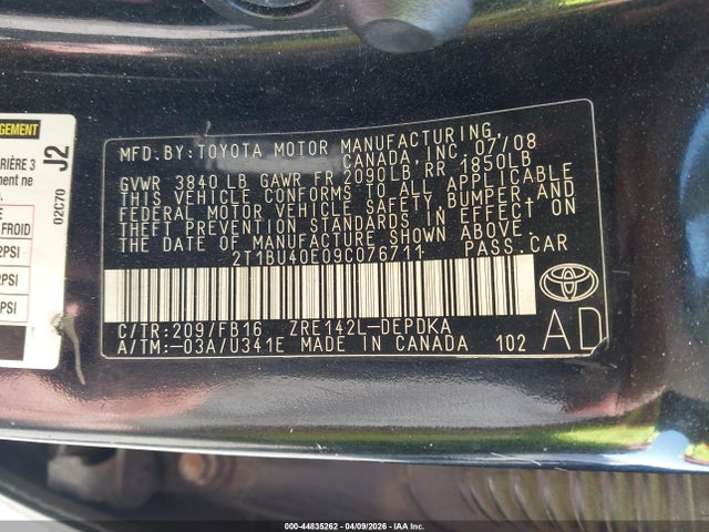 Aukcja sprzedaży 2009 Toyota Corolla Le, vin: 2T1BU40E09C076711, numer aukcji: 44835262