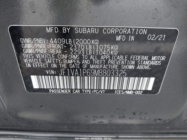 2021 Subaru Wrx Limited მანქანა იყიდება აუქციონზე, vin: JF1VA1P69M8803325, აუქციონის ნომერი: 44835271