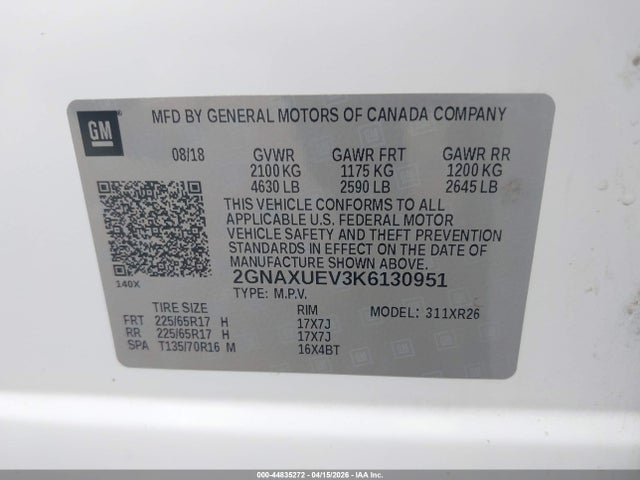 Aukcja sprzedaży 2019 Chevrolet Equinox Lt, vin: 2GNAXUEV3K6130951, numer aukcji: 44835272