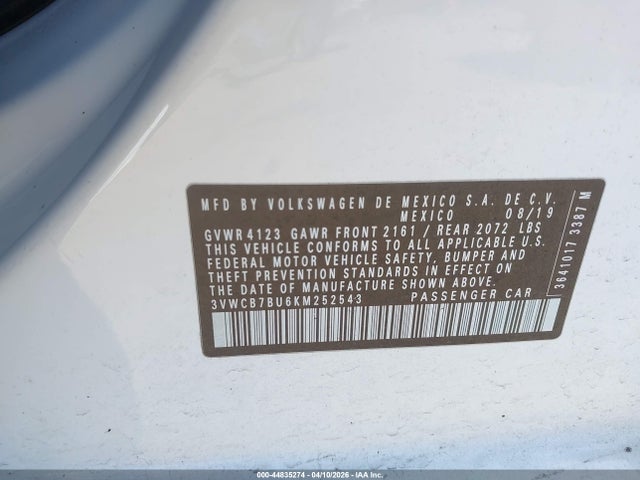 2019 Volkswagen Jetta 1.4t R-line/1.4t S/1.4t Se მანქანა იყიდება აუქციონზე, vin: 3VWCB7BU6KM252543, აუქციონის ნომერი: 44835274