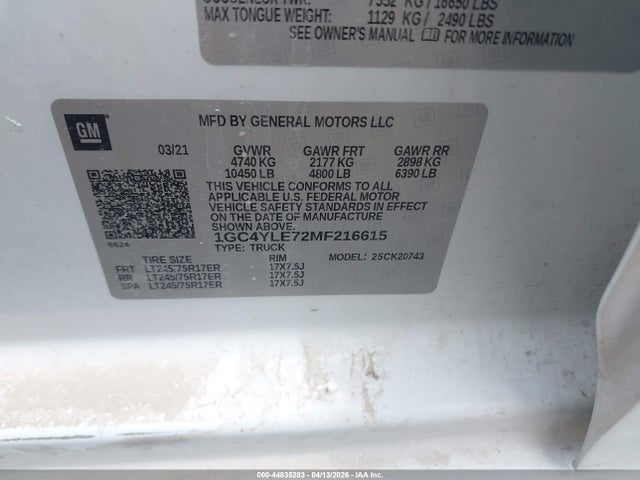 1GC4YLE72MF216615 Chevrolet Silverado 2500hd 4wd Standard Bed Wt