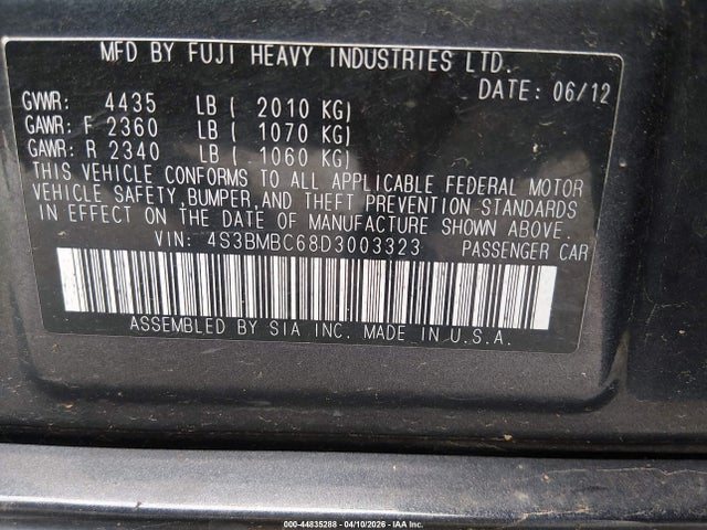 44835288 :رقم المزاد ، 4S3BMBC68D3003323 vin ، 2013 Subaru Legacy 2.5i Premium مزاد بيع
