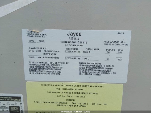Aukcja sprzedaży 2020 Jayco Eagle 35ft, vin: 1UJBJ0BS0L1C20115, numer aukcji: 44835293