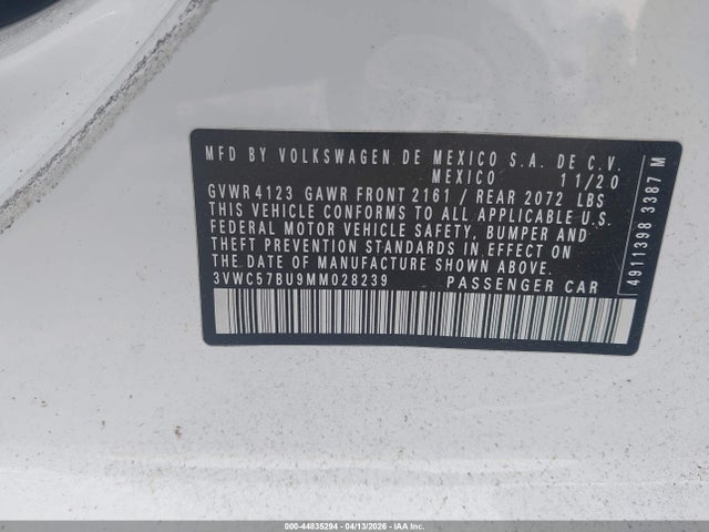 44835294 :رقم المزاد ، 3VWC57BU9MM028239 vin ، 2021 Volkswagen Jetta 1.4t R-line/1.4t S/1.4t Se مزاد بيع