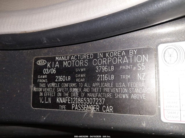 Продаж на аукціоні авто 2006 Kia Spectra Ex/lx/sx, vin: KNAFE121865307237, номер лоту: 44835299