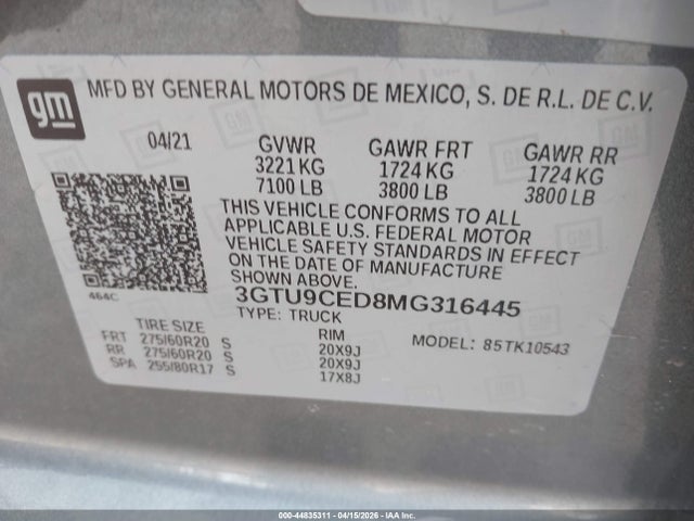 Продаж на аукціоні авто 2021 Gmc Sierra 1500 4wd  Short Box Elevation, vin: 3GTU9CED8MG316445, номер лоту: 44835311