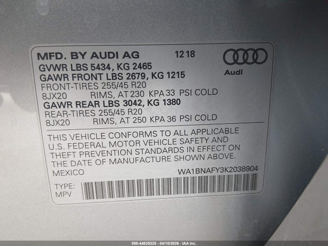 Продажа на аукционе авто 2019 Audi Q5 45 Premium, vin: WA1BNAFY3K2038904, номер лота: 44835325