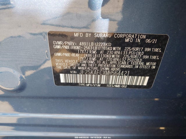 44835330 :رقم المزاد ، JF2SKAFCXMH564421 vin ، 2021 Subaru Forester Premium مزاد بيع