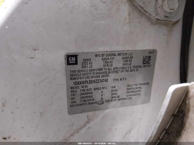 44835331 :رقم المزاد ، 1GKKNPLSXHZ274740 vin ، 2017 Gmc Acadia Denali مزاد بيع