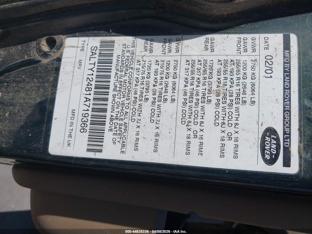 Aukcja sprzedaży 2001 Land Rover Discovery Series Ii, vin: SALTY12481A719366, numer aukcji: 44835336