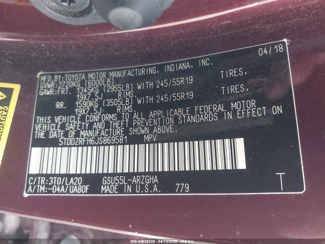 Toyota Highlander Limited 2018 5TDDZRFH6JS869581 Image 9