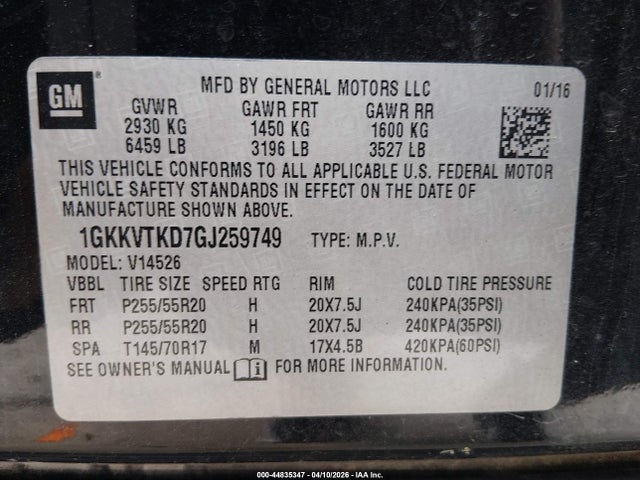 44835347 :رقم المزاد ، 1GKKVTKD7GJ259749 vin ، 2016 Gmc Acadia Denali مزاد بيع