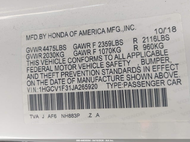1HGCV1F31JA265920 Honda Accord Sport