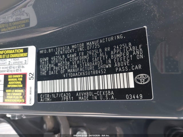 Продаж на аукціоні авто 2025 Toyota Camry Se, vin: 4T1DAACK6SU188452, номер лоту: 44835355