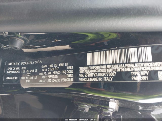44835366 :رقم المزاد ، ZFBNFYA10KP773607 vin ، 2019 Fiat 500x Pop Awd مزاد بيع