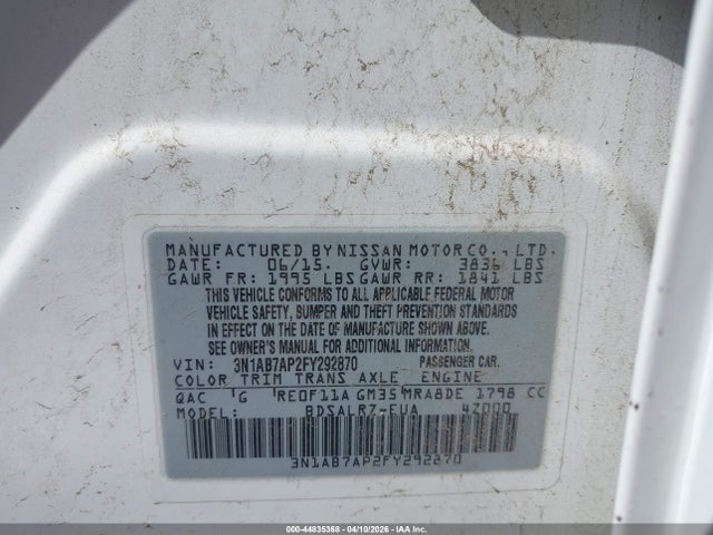 2015 Nissan Sentra Sr მანქანა იყიდება აუქციონზე, vin: 3N1AB7AP2FY292870, აუქციონის ნომერი: 44835368