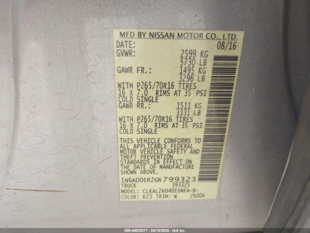 2016 Nissan Frontier Sv მანქანა იყიდება აუქციონზე, vin: 1N6AD0ER2GN799323, აუქციონის ნომერი: 44835371