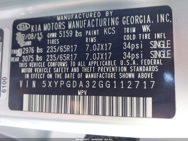5XYPGDA32GG112717 KIA Sorento 2.4l Lx
