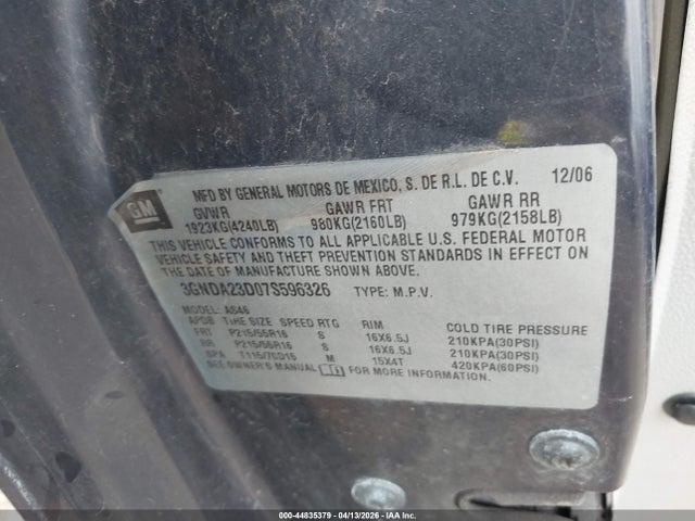 44835379 :رقم المزاد ، 3GNDA23D07S596326 vin ، 2007 Chevrolet Hhr Lt مزاد بيع