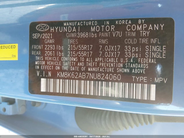 Продажа на аукционе авто 2022 Hyundai Kona Sel, vin: KM8K62AB7NU824060, номер лота: 44835391