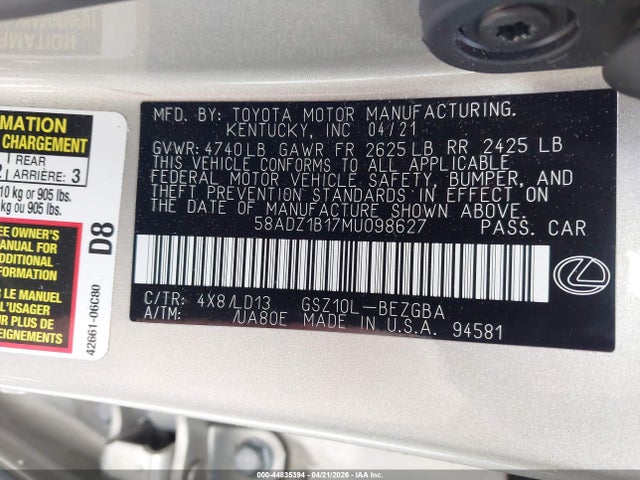 Продаж на аукціоні авто 2021 Lexus Es 350, vin: 58ADZ1B17MU098627, номер лоту: 44835394