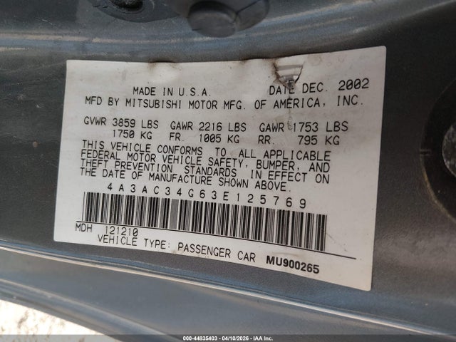 Продаж на аукціоні авто 2003 Mitsubishi Eclipse Rs, vin: 4A3AC34G63E125769, номер лоту: 44835403
