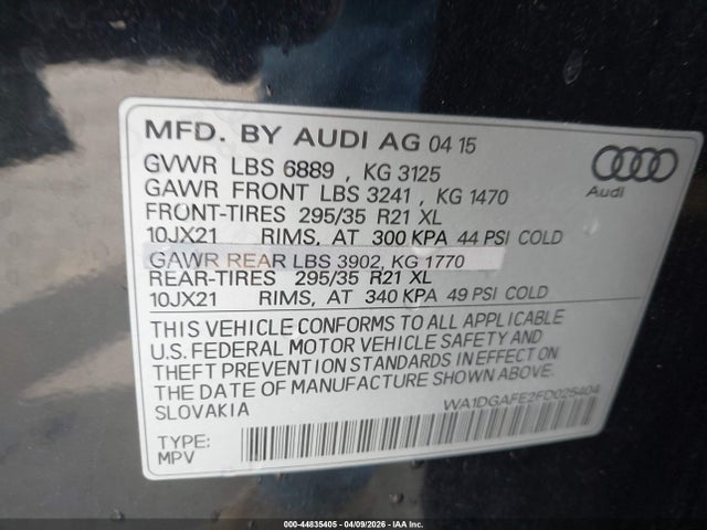 Aukcja sprzedaży 2015 Audi Q7 3.0t S Line Prestige, vin: WA1DGAFE2FD025404, numer aukcji: 44835405