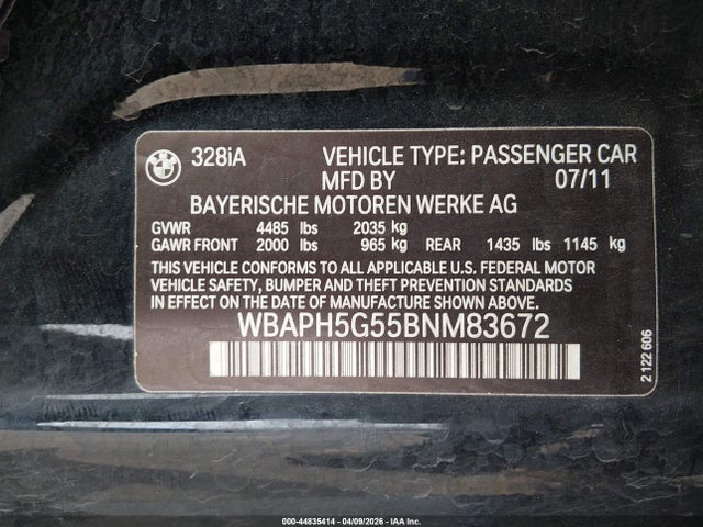 2011 Bmw 328i მანქანა იყიდება აუქციონზე, vin: WBAPH5G55BNM83672, აუქციონის ნომერი: 44835414