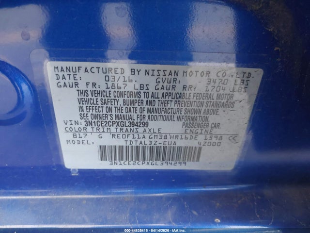 3N1CE2CPXGL394299 Nissan Versa Note Sv