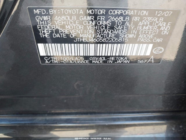 Aukcja sprzedaży 2008 Lexus Es 350, vin: JTHBJ46G582205815, numer aukcji: 44835428