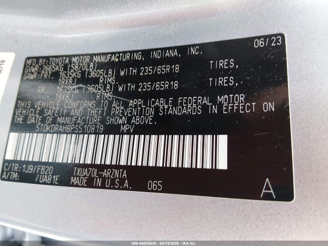 2023 Toyota Highlander Le მანქანა იყიდება აუქციონზე, vin: 5TDKDRAH8PS510819, აუქციონის ნომერი: 44835435
