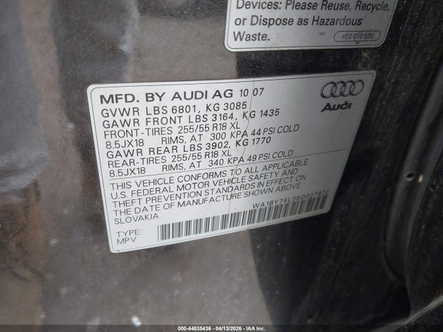 Aukcja sprzedaży 2008 Audi Q7 3.6 Premium, vin: WA1BY74L08D027972, numer aukcji: 44835436