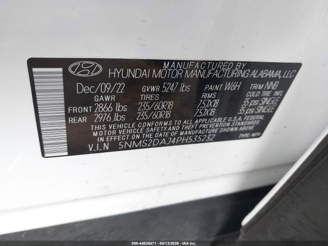 Aukcja sprzedaży 2023 Hyundai Santa Fe Sel, vin: 5NMS2DAJ4PH535232, numer aukcji: 44835471