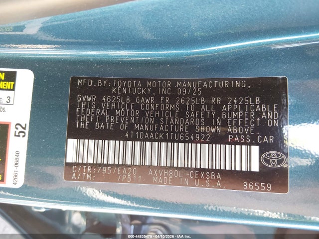 44835475 :رقم المزاد ، 4T1DAACK1TU654922 vin ، 2026 Toyota Camry Se مزاد بيع