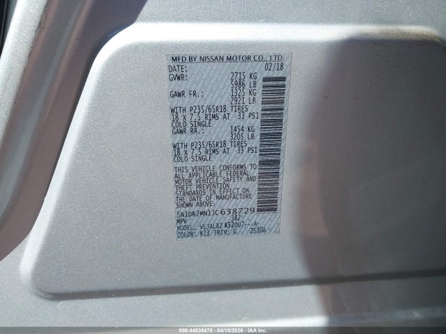 5N1DR2MN1JC638729 Nissan Pathfinder S