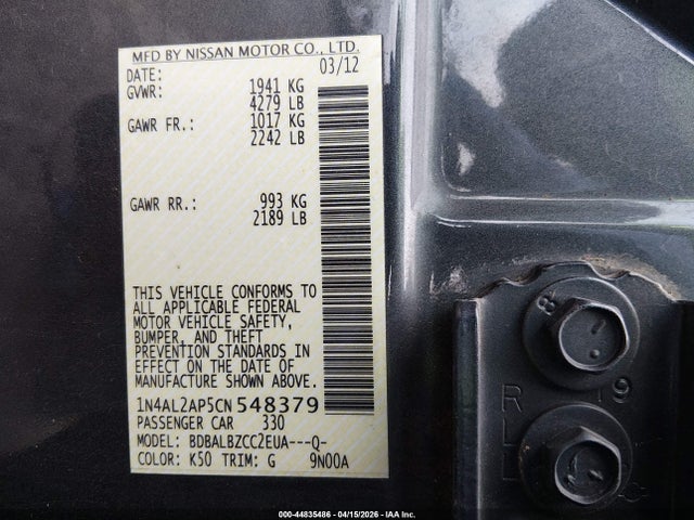 Продаж на аукціоні авто 2012 Nissan Altima 2.5 S, vin: 1N4AL2AP5CN548379, номер лоту: 44835486