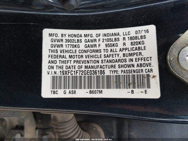 Aukcja sprzedaży 2016 Honda Civic Ex-l, vin: 19XFC1F72GE036186, numer aukcji: 44835490
