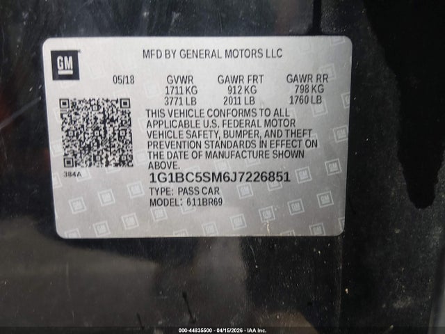 44835500 :رقم المزاد ، 1G1BC5SM6J7226851 vin ، 2018 Chevrolet Cruze Ls Auto مزاد بيع