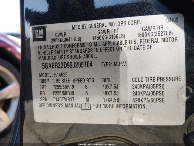44835533 :رقم المزاد ، 5GAER23D99J205704 vin ، 2009 Buick Enclave Cxl مزاد بيع
