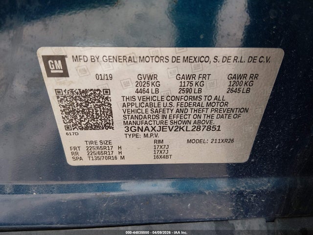 44835550 :رقم المزاد ، 3GNAXJEV2KL287851 vin ، 2019 Chevrolet Equinox Lt مزاد بيع