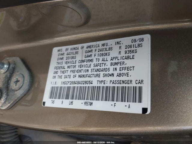 2009 Honda Accord 2.4 Ex-l მანქანა იყიდება აუქციონზე, vin: 1HGCP26849A028054, აუქციონის ნომერი: 44835553