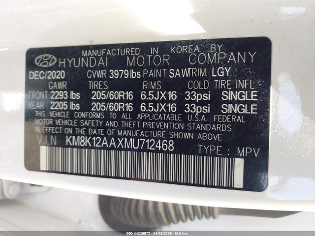 Aukcja sprzedaży 2021 Hyundai Kona Se, vin: KM8K12AAXMU712468, numer aukcji: 44835572