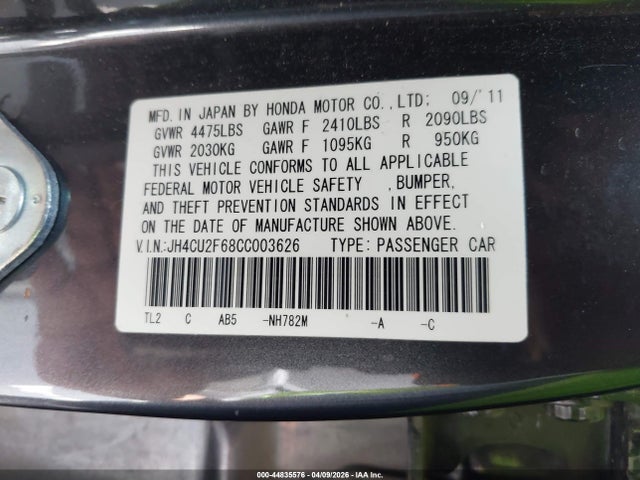 Продаж на аукціоні авто 2012 Acura Tsx 2.4, vin: JH4CU2F68CC003626, номер лоту: 44835576