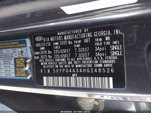 5XYPG4A34HG248526 KIA Sorento 2.4l Lx
